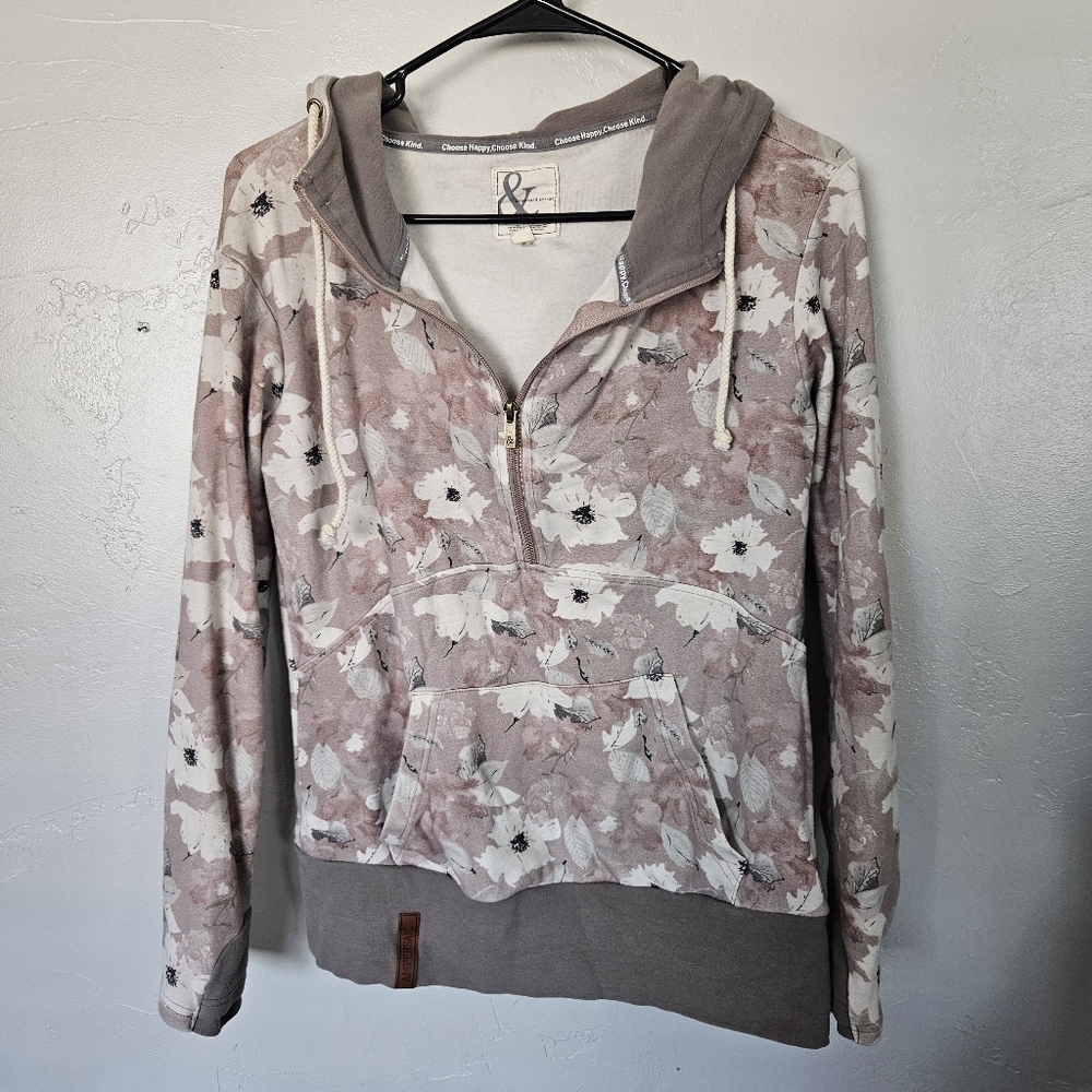 Ampersand Ave. Womens Small Mauve Grey Floral Half-Zip Double Hoodie Thumb Holes